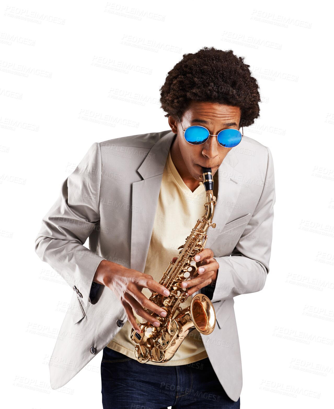 Buy stock photo Man, saxophone and music or performance practice for band concert, orchestra or jazz festival. Male person, play instrument for learning creative audio show, isolated on transparent png background