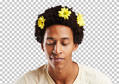 Buy stock photo Man, eyes closed and face with flowers in hair for natural, fresh and fragrance for organic treatment. Black person, afro and satisfied expression with care on isolated or transparent png background