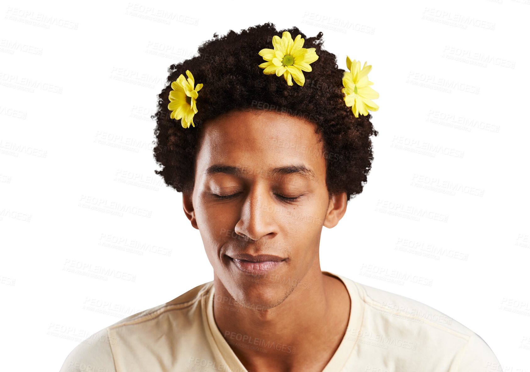 Buy stock photo Man, eyes closed and face with flowers in hair for natural, fresh and fragrance for organic treatment. Black person, afro and satisfied expression with care on isolated or transparent png background