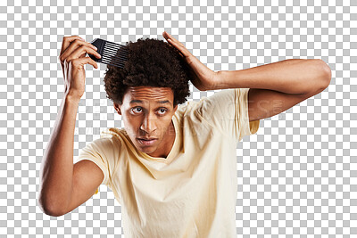 Buy stock photo Man, looking and hair with comb for grooming, brushing or care for style. Black person, male student and serious face for hygiene, clean and cool, trendy on isolated or transparent png background