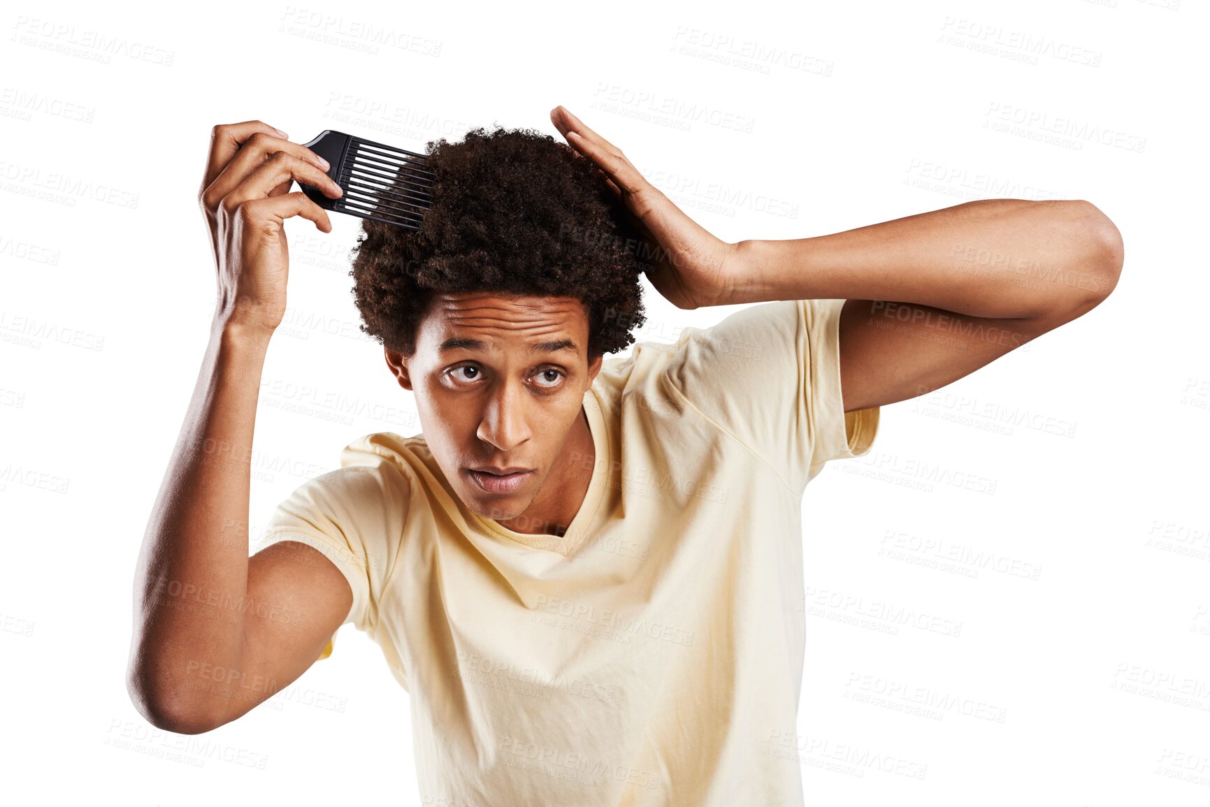 Buy stock photo Man, looking and hair with comb for grooming, brushing or care for style. Black person, male student and serious face for hygiene, clean and cool, trendy on isolated or transparent png background