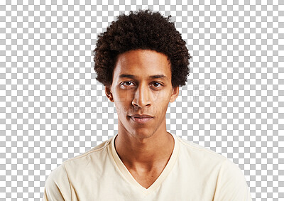 Buy stock photo Portrait, afro and black man with fashion, casual and confident guy isolated on a transparent background. Face, African person and model with stylish outfit, png and student with happiness and calm