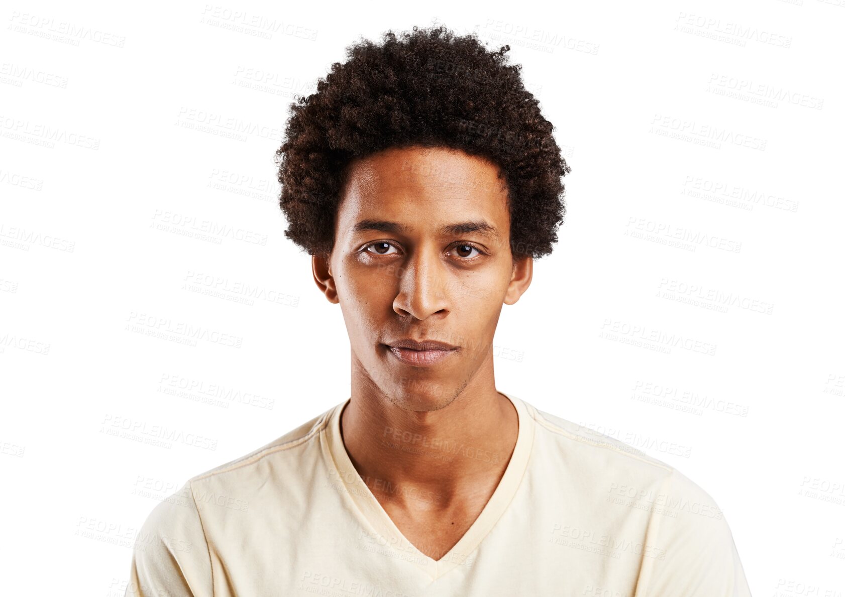 Buy stock photo Portrait, afro and black man with fashion, casual and confident guy isolated on a transparent background. Face, African person and model with stylish outfit, png and student with happiness and calm