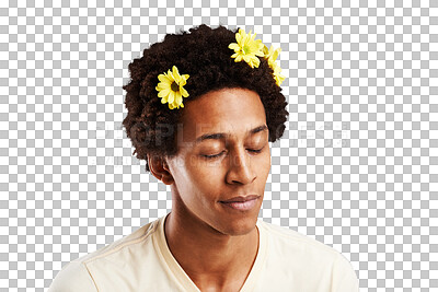 Buy stock photo Black man, eyes closed and flowers in hair for care, nature and treatment with fresh, organic and plant. Male student, person and afro with calm expression on isolated or transparent png background