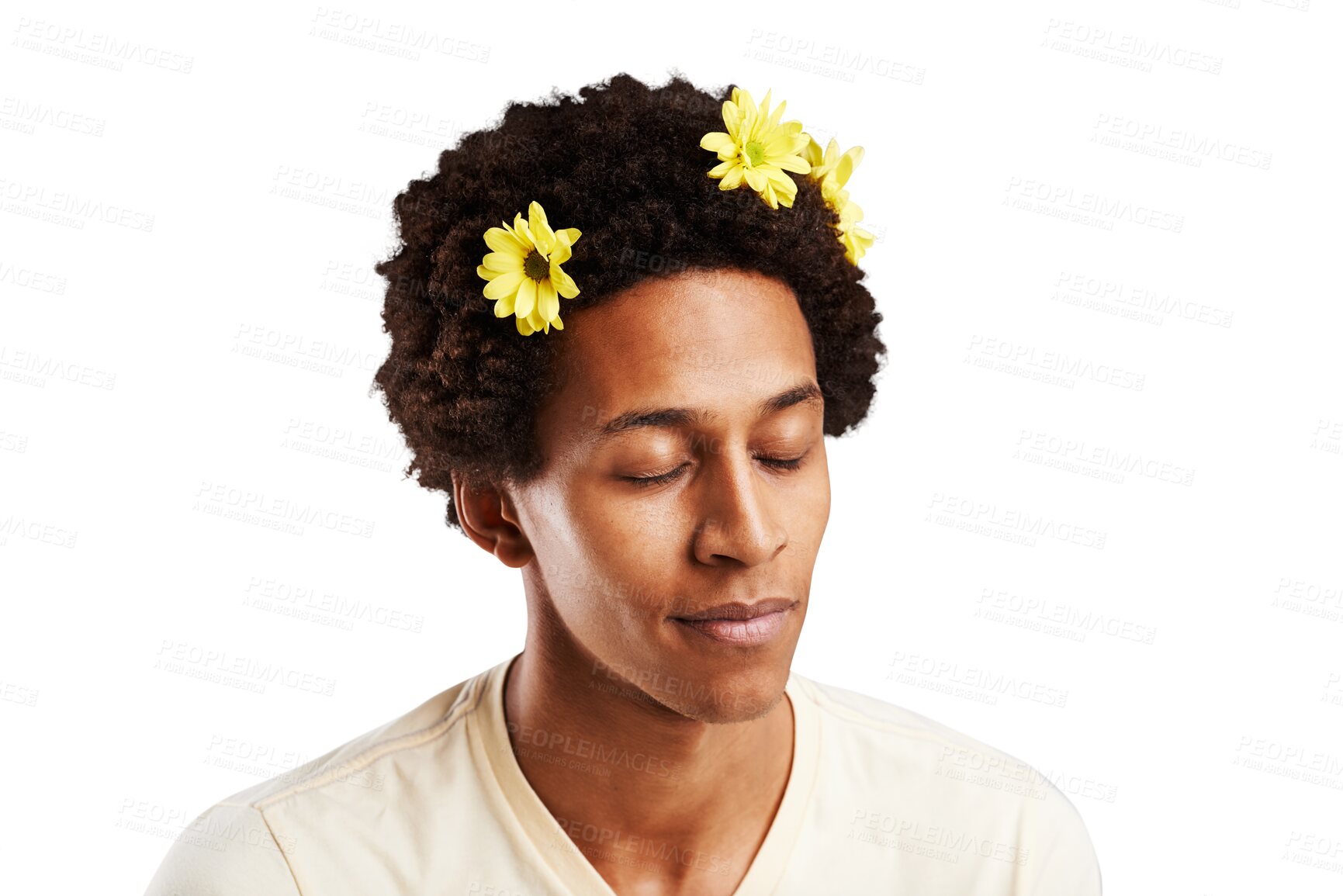 Buy stock photo Black man, eyes closed and flowers in hair for care, nature and treatment with fresh, organic and plant. Male student, person and afro with calm expression on isolated or transparent png background