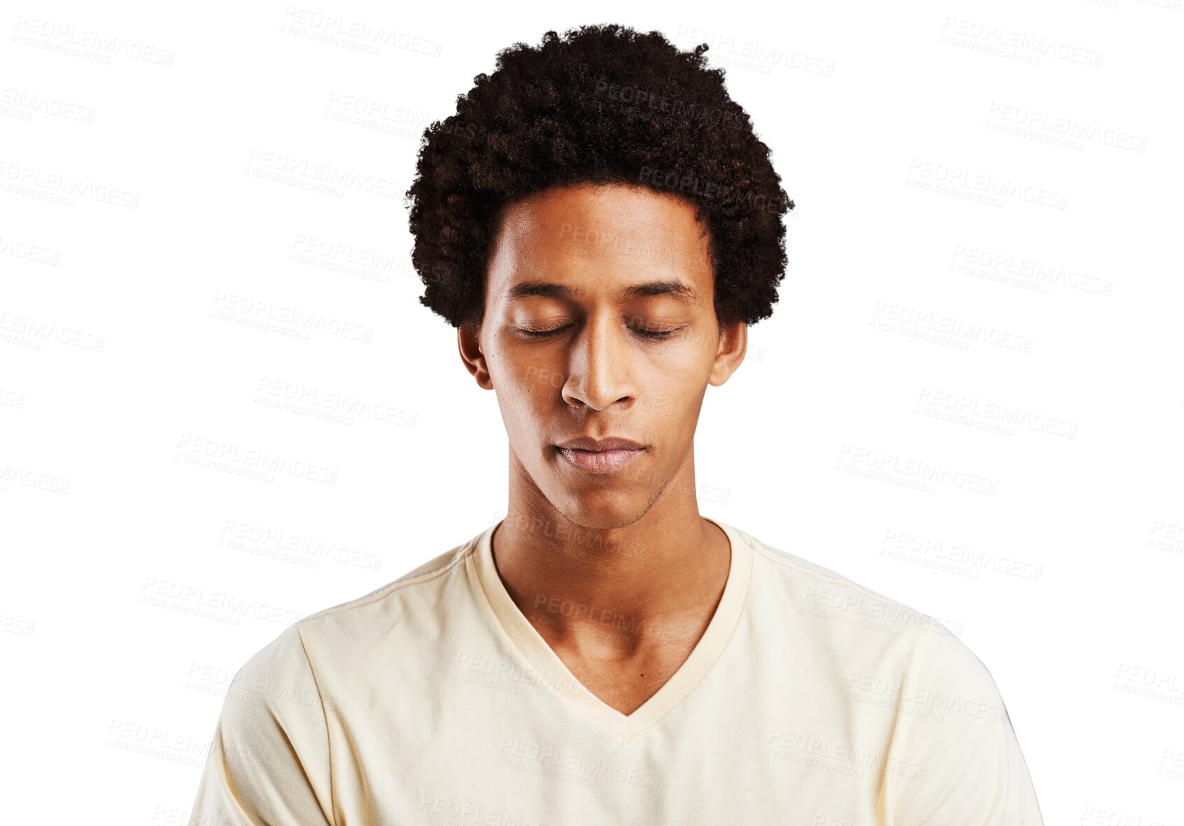 Buy stock photo Face, relax and mindfulness with a quiet black man isolated on a transparent background for meditation. Calm, peace and eyes closed with a young person on PNG for wellness, zen or inner peace