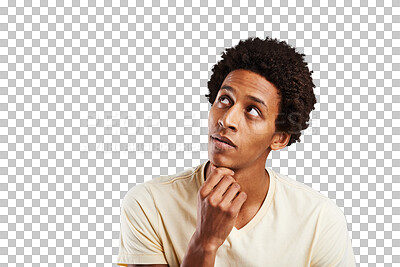 Buy stock photo Face, thinking and problem solving with a young black man isolated on a transparent background. Question, vision and idea with a confident person on PNG while looking to the future for planning