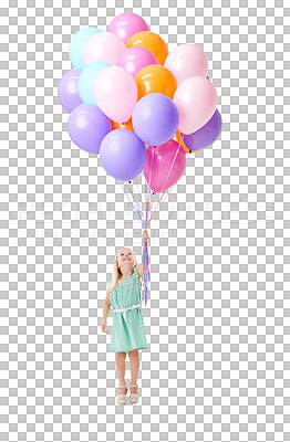 Buy stock photo Happy kid, little girl and smile with balloons in excitement, amazed or wonder for birthday, party or event. Child, inflatable and holding for casual fashion on isolated on transparent png background