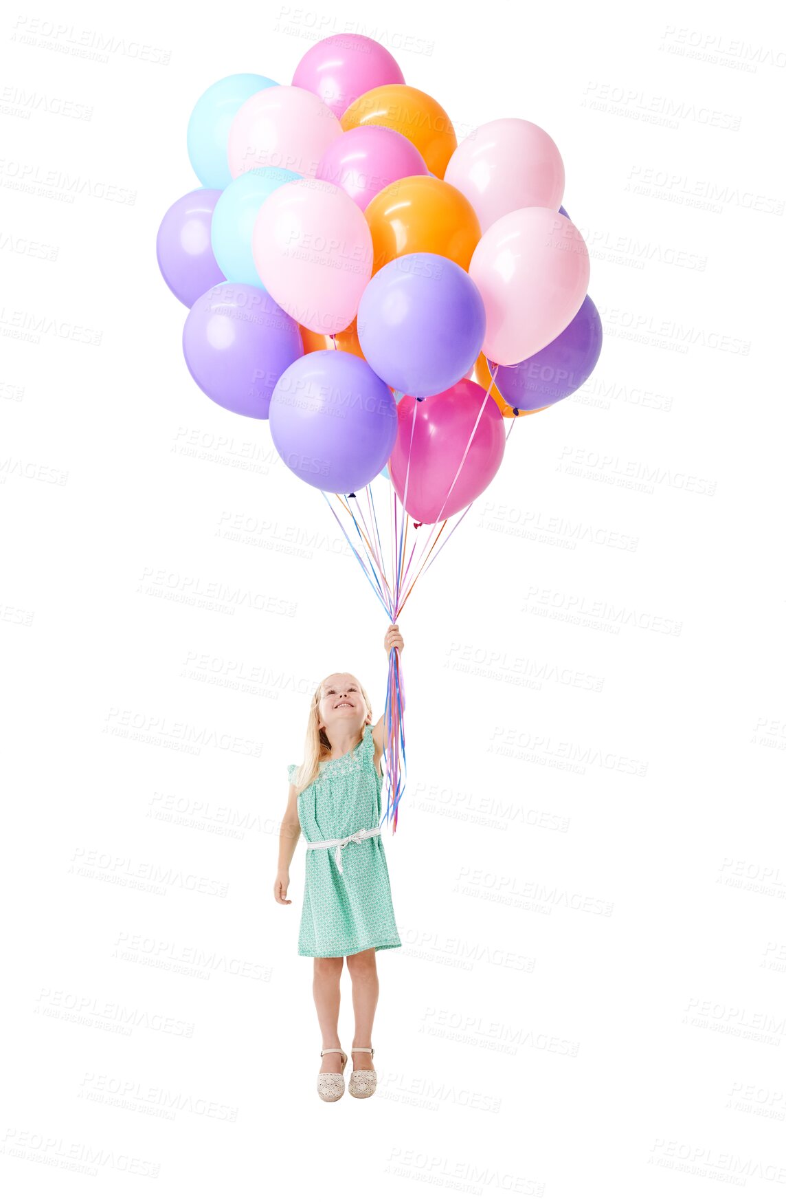 Buy stock photo Happy kid, little girl and smile with balloons in excitement, amazed or wonder for birthday, party or event. Child, inflatable and holding for casual fashion on isolated on transparent png background