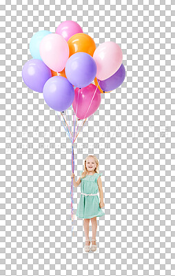 Buy stock photo Portrait, happy kid or little girl with balloons for party, event or celebration with excitement on face. Youth, cute fashion and smile for inflatable object on isolated on transparent png background