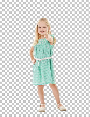 Buy stock photo Child, portrait and thumbs up smile for agreement positive good news, vote sign or isolated transparent png background. Young girl, face and happy hand gesture or winning achievement, yes as approval