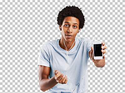 Buy stock photo Portrait, screen and black man with a smartphone, streaming music and connection isolated on transparent background. Face, African person or model with a cellphone, sound or listening to radio or png