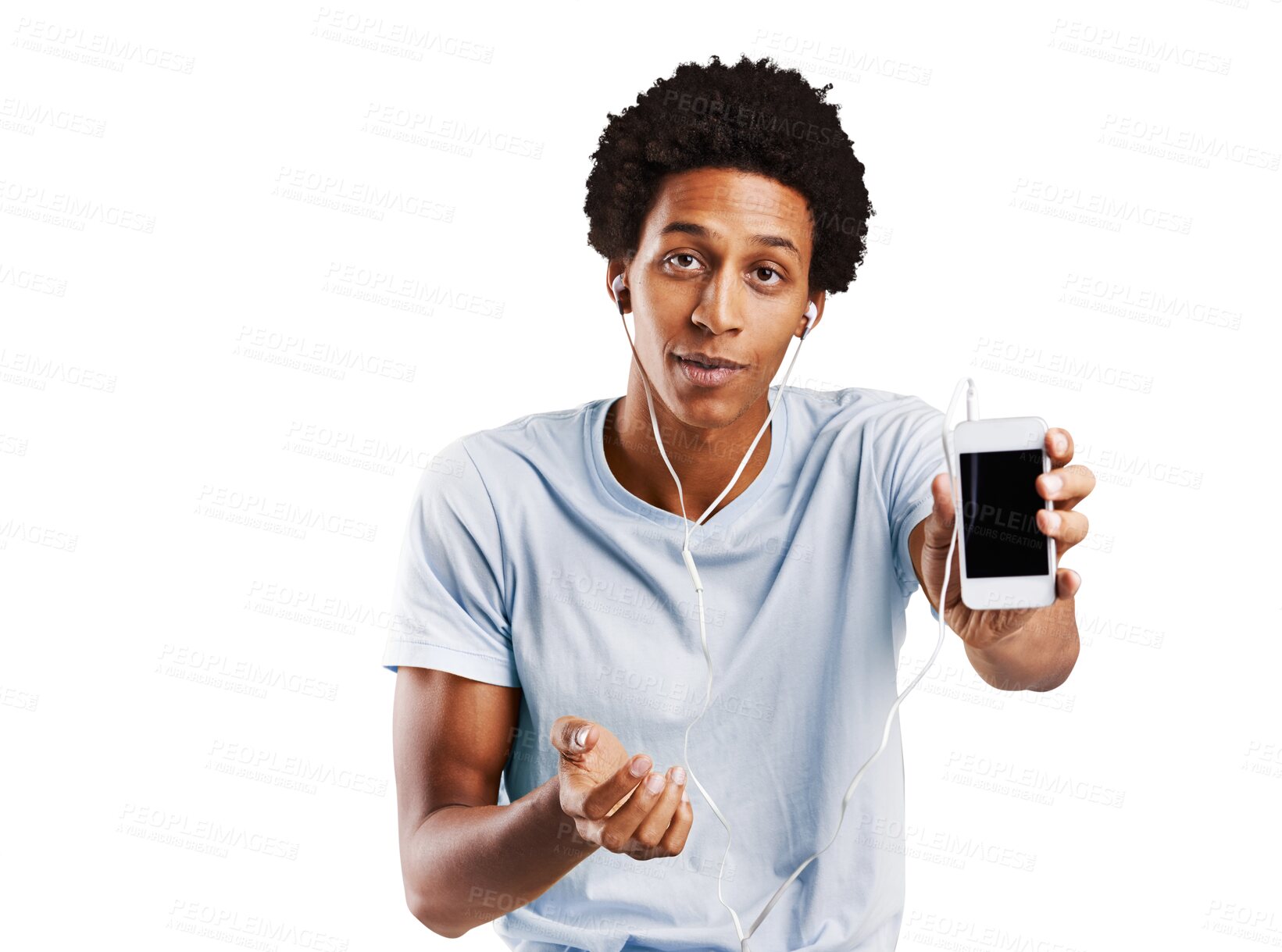 Buy stock photo Portrait, screen and black man with a smartphone, streaming music and connection isolated on transparent background. Face, African person or model with a cellphone, sound or listening to radio or png