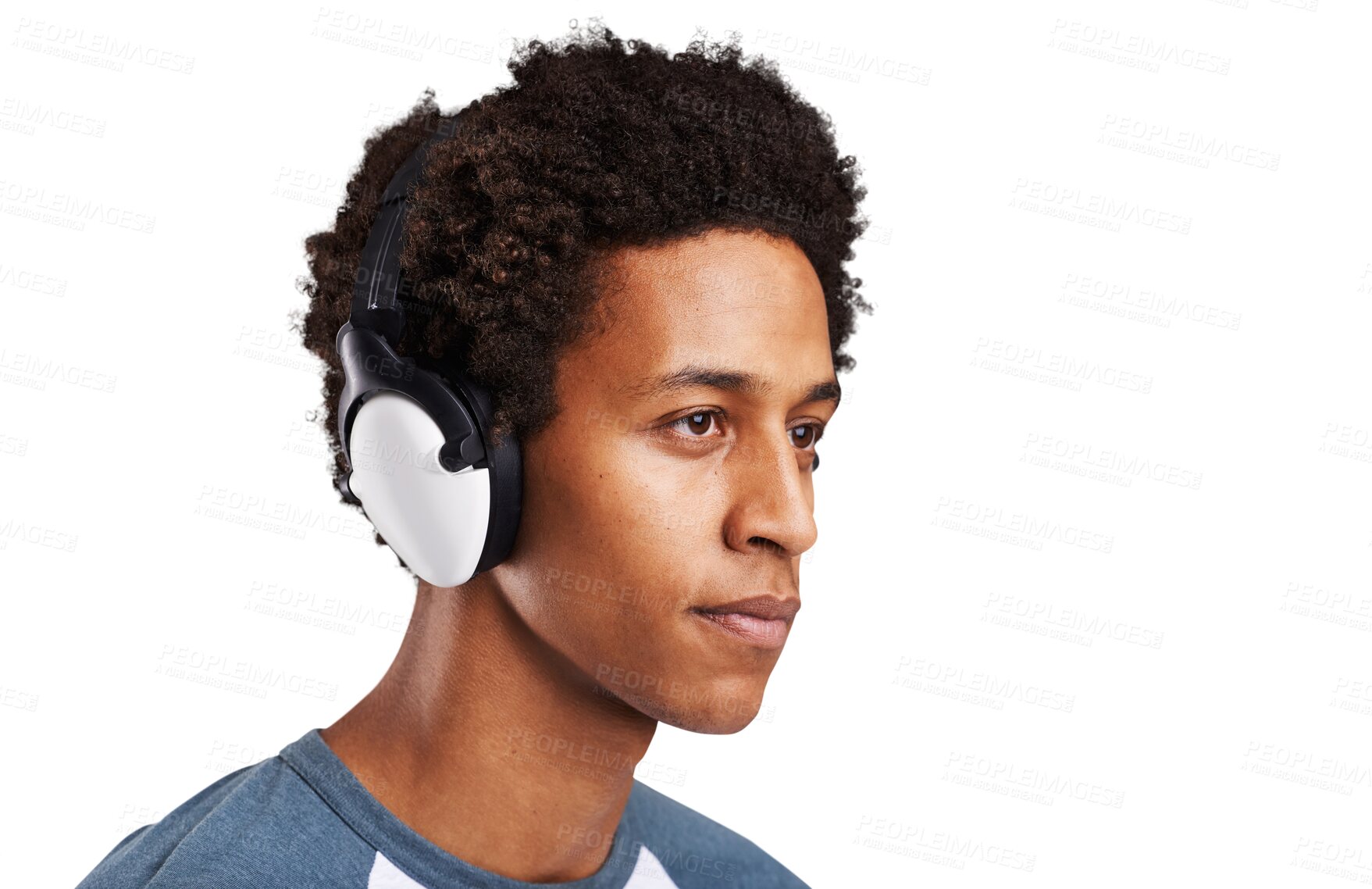 Buy stock photo Man, face and thinking with headphones of audio, music subscription or streaming podcast isolated on transparent png background. Serious african model, listening or hearing multimedia, sound or radio