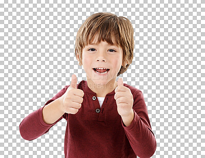 Buy stock photo Portrait, smile and boy with thumbs up, kid and agreement isolated on a transparent background. Face, person and child with happiness, hand gesture and emoji with review, png and symbol with like