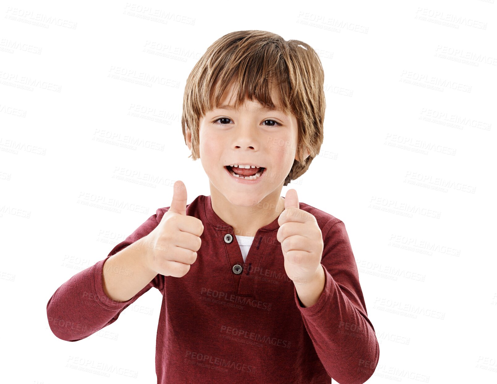 Buy stock photo Portrait, smile and boy with thumbs up, kid and agreement isolated on a transparent background. Face, person and child with happiness, hand gesture and emoji with review, png and symbol with like