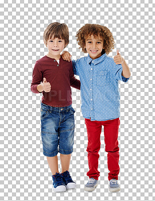 Buy stock photo Friends, kids and portrait with smile for thumbs up and agreement isolated on png transparent background. Children, hands and face with happy, success and agree for good news, positivity and gesture