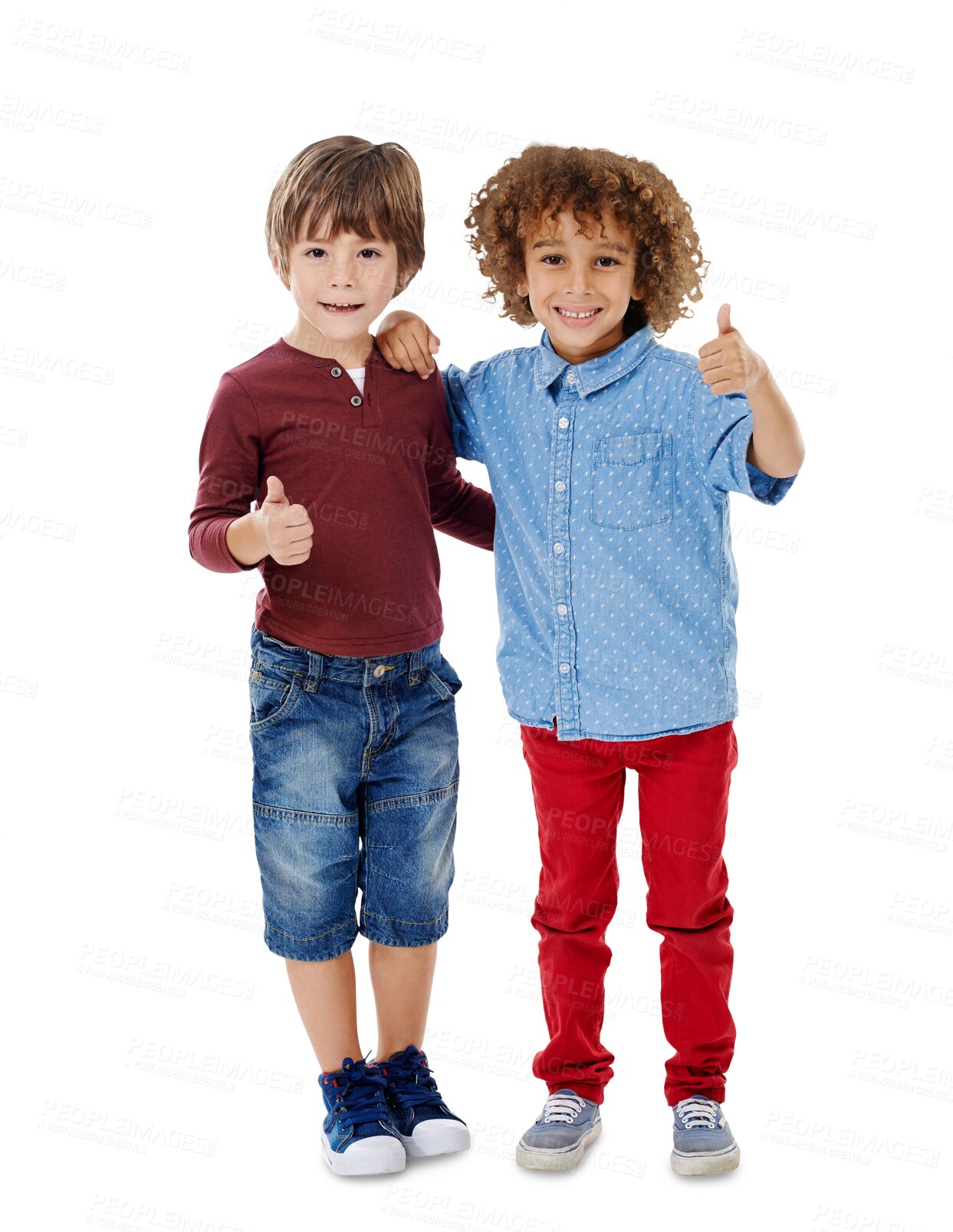 Buy stock photo Friends, kids and portrait with smile for thumbs up and agreement isolated on png transparent background. Children, hands and face with happy, success and agree for good news, positivity and gesture