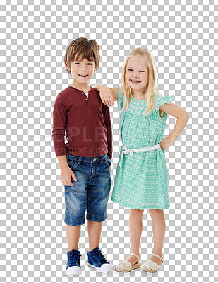 Buy stock photo Smile, excited and portrait of girl and boy with positive, good and confident attitude. Sweet, happy and cute children or kids from Canada with friendship isolated by transparent png background