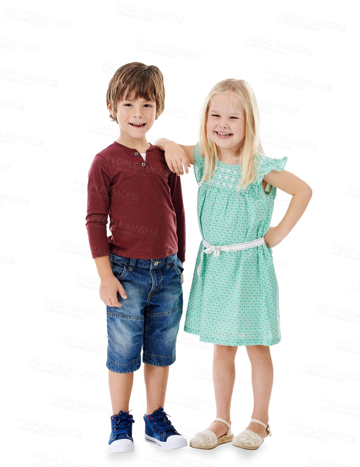 Buy stock photo Smile, excited and portrait of girl and boy with positive, good and confident attitude. Sweet, happy and cute children or kids from Canada with friendship isolated by transparent png background