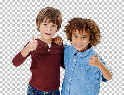 Buy stock photo Friends, kids and portrait with happy for thumbs up and agreement isolated on png transparent background. Children, hands and face with smile, success and agree for good news, positivity and gesture