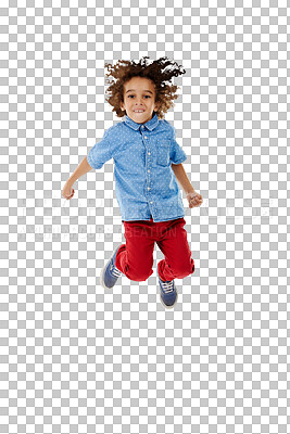 Buy stock photo Happy, portrait or child jump for freedom, celebration or news on isolated, transparent or png background. Success, energy or boy kid in air with motivation, smile or excited for goal or achievement 