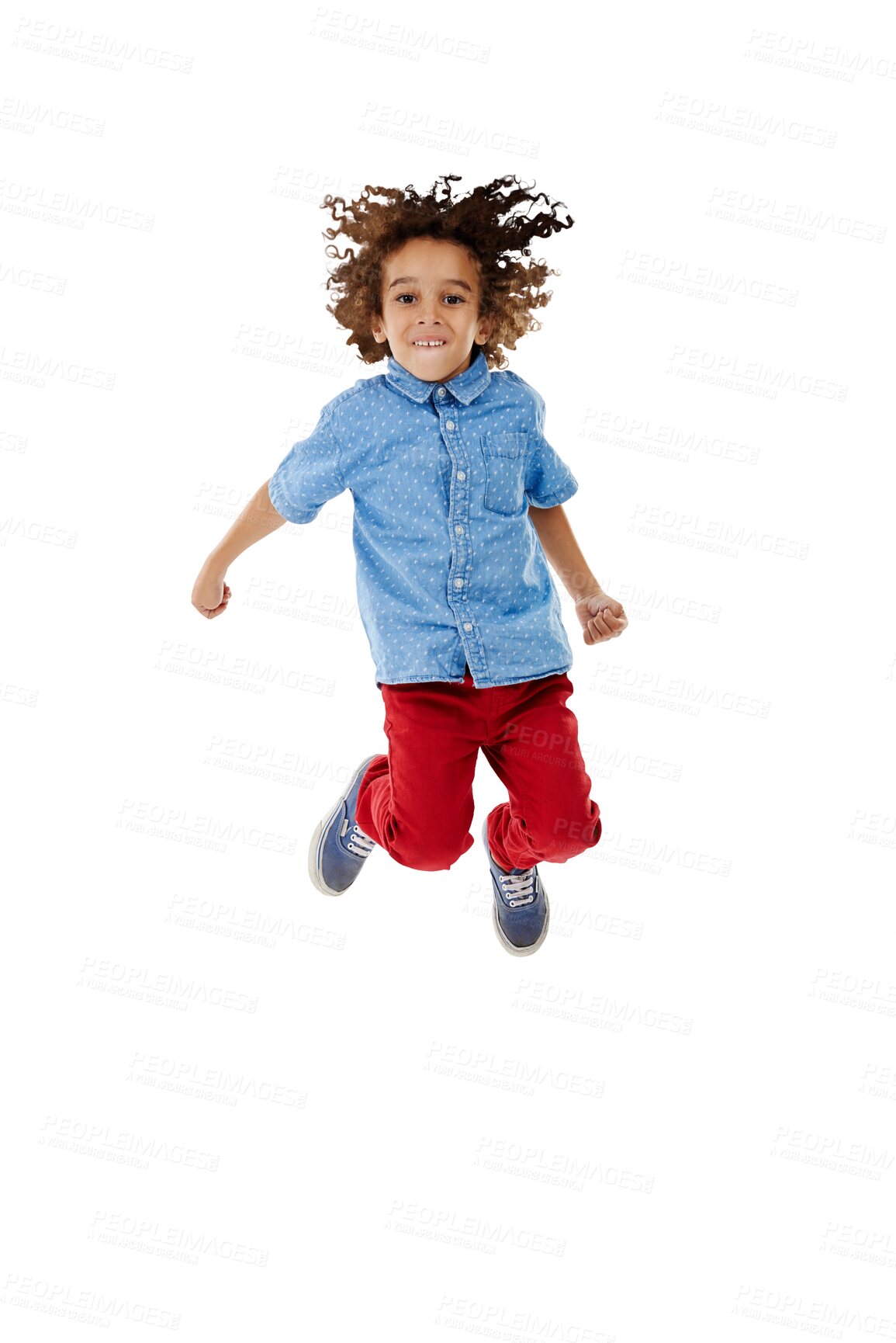 Buy stock photo Happy, portrait or child jump for freedom, celebration or news on isolated, transparent or png background. Success, energy or boy kid in air with motivation, smile or excited for goal or achievement 