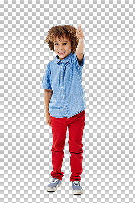 Buy stock photo Portrait, excited and boy with thumbs up, child and feedback with like isolated on a transparent background. Face, person and kid with happiness, hand gesture and emoji with happiness, png and symbol