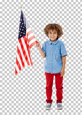 Buy stock photo Child, happiness and holding an american flag with pride for liberty, patriotism and smile with star spangled banner. Young boy, face and usa celebration and isolated on transparent png background