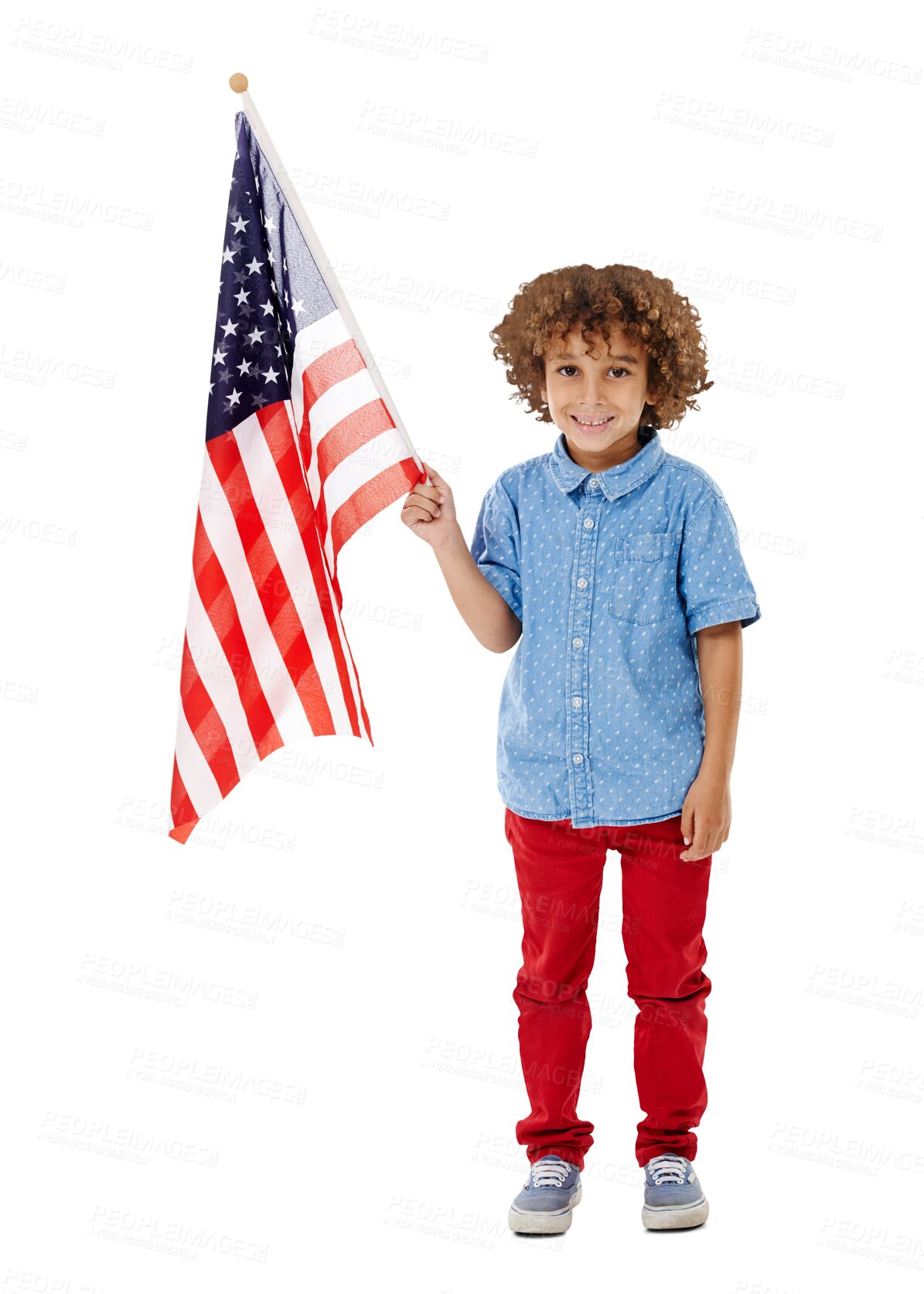 Buy stock photo Child, happiness and holding an american flag with pride for liberty, patriotism and smile with star spangled banner. Young boy, face and usa celebration and isolated on transparent png background