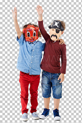 Buy stock photo Portrait, boys and friends with mask, Halloween and happiness isolated on transparent background. People, children and kids with fun, cheerful and outfit with png, creativity and fantasy with costume