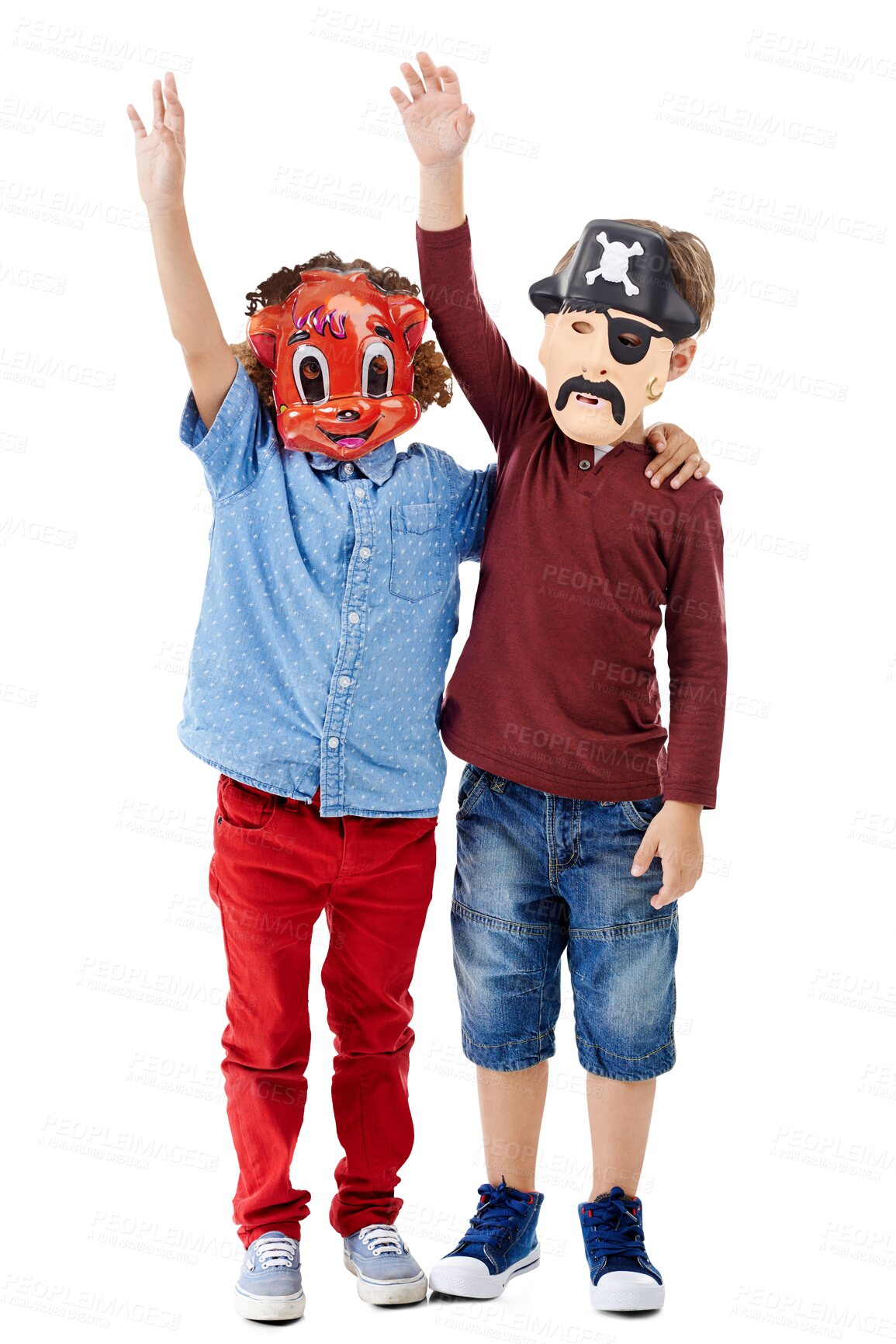 Buy stock photo Portrait, boys and friends with mask, Halloween and happiness isolated on transparent background. People, children and kids with fun, cheerful and outfit with png, creativity and fantasy with costume