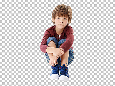 Buy stock photo Little boy, portrait and sitting in fashion of cute, adorable or innocent isolated on a transparent PNG background. Male person, child or kid in relax or hugging knees in casual clothing or outfit