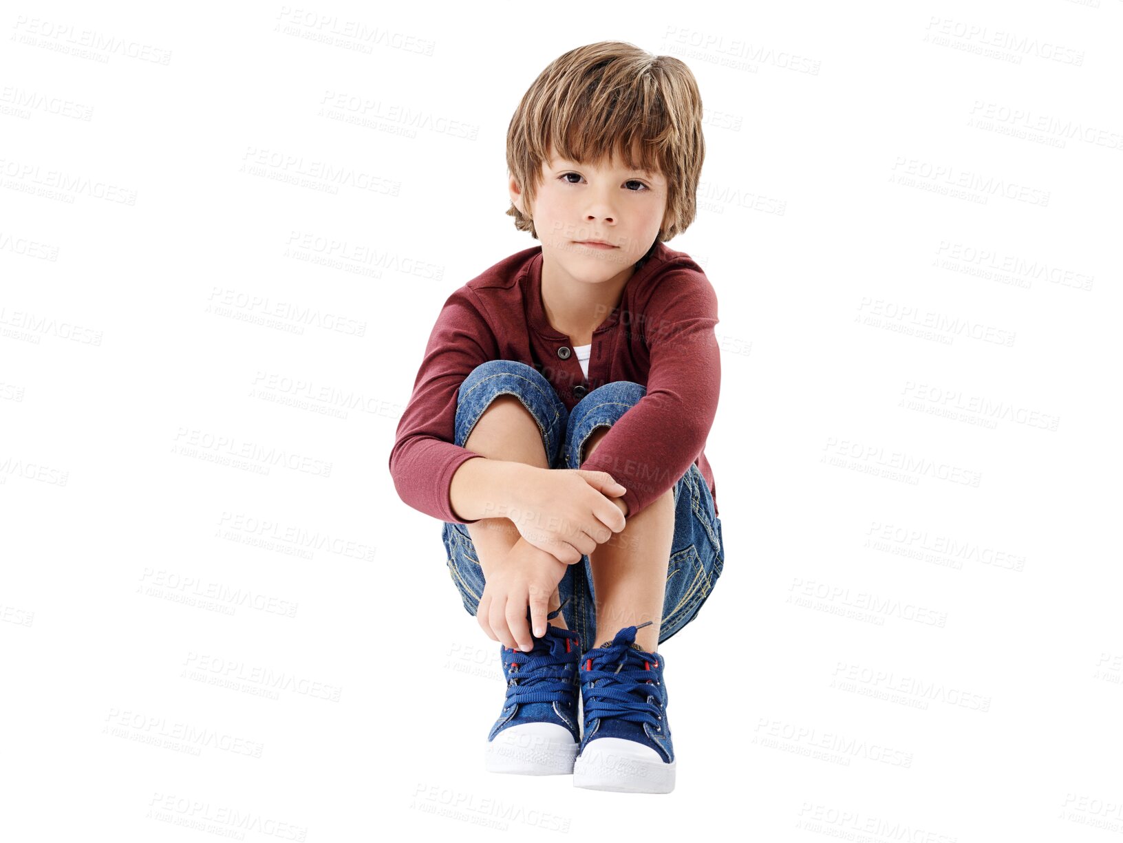 Buy stock photo Little boy, portrait and sitting in fashion of cute, adorable or innocent isolated on a transparent PNG background. Male person, child or kid in relax or hugging knees in casual clothing or outfit