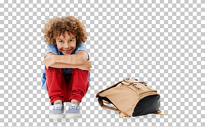 Buy stock photo Happy, education and portrait of child with bag on isolated, png and transparent background. Back to school, excited and young boy sitting on floor with backpack for learning, class and development