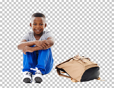 Buy stock photo Happy, student and portrait of child with bag on isolated, png and transparent background. Back to school, education and young boy sitting on floor with backpack for learning, class and development