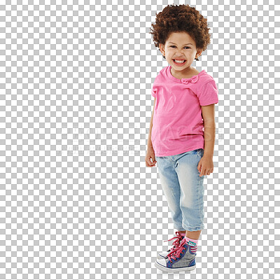 Buy stock photo Child, smile and portrait for fashion or kid clothes for style sneakers, cool trends or isolated on transparent png background. Girl, student youth and face happy for fun development, casual or pose