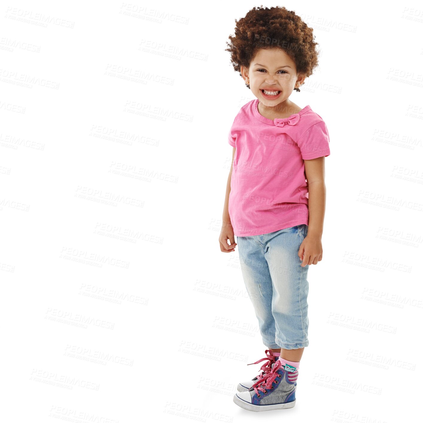 Buy stock photo Child, smile and portrait for fashion or kid clothes for style sneakers, cool trends or isolated on transparent png background. Girl, student youth and face happy for fun development, casual or pose