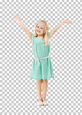 Buy stock photo Portrait, girl and kid with open arms, celebration and happiness isolated on a transparent background. Person, model and kid with joy, excited and cheerful with fun, excitement and png with freedom