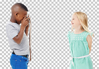 Buy stock photo Interracial children, photography and camera for picture or memory isolated on a transparent PNG background. Little boy taking photograph of young girl, child or kid for photo, capture or friendship