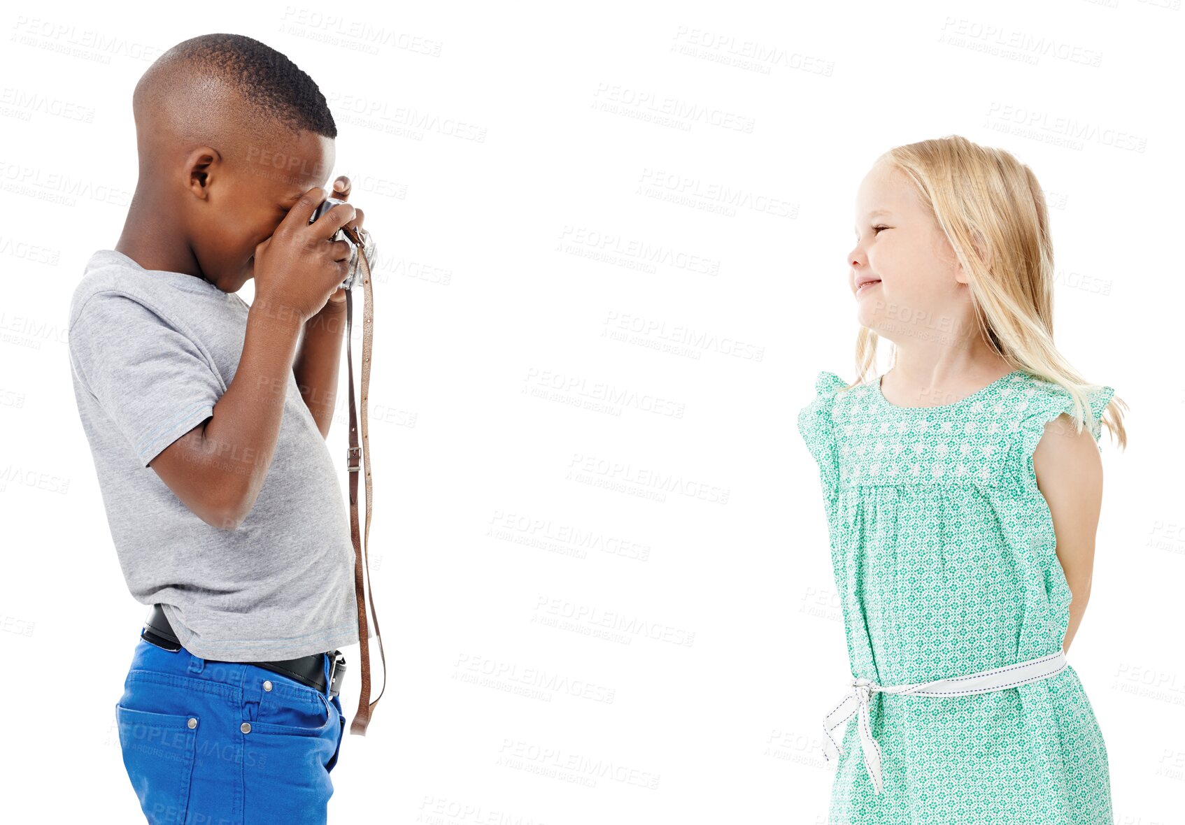 Buy stock photo Interracial children, photography and camera for picture or memory isolated on a transparent PNG background. Little boy taking photograph of young girl, child or kid for photo, capture or friendship