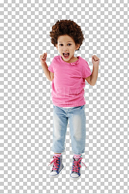 Buy stock photo Happy, jumping and portrait of young girl for crazy, goofy and playing for fun celebration. Smile, youth and cute child or kid with playful energy together isolated by transparent png background.