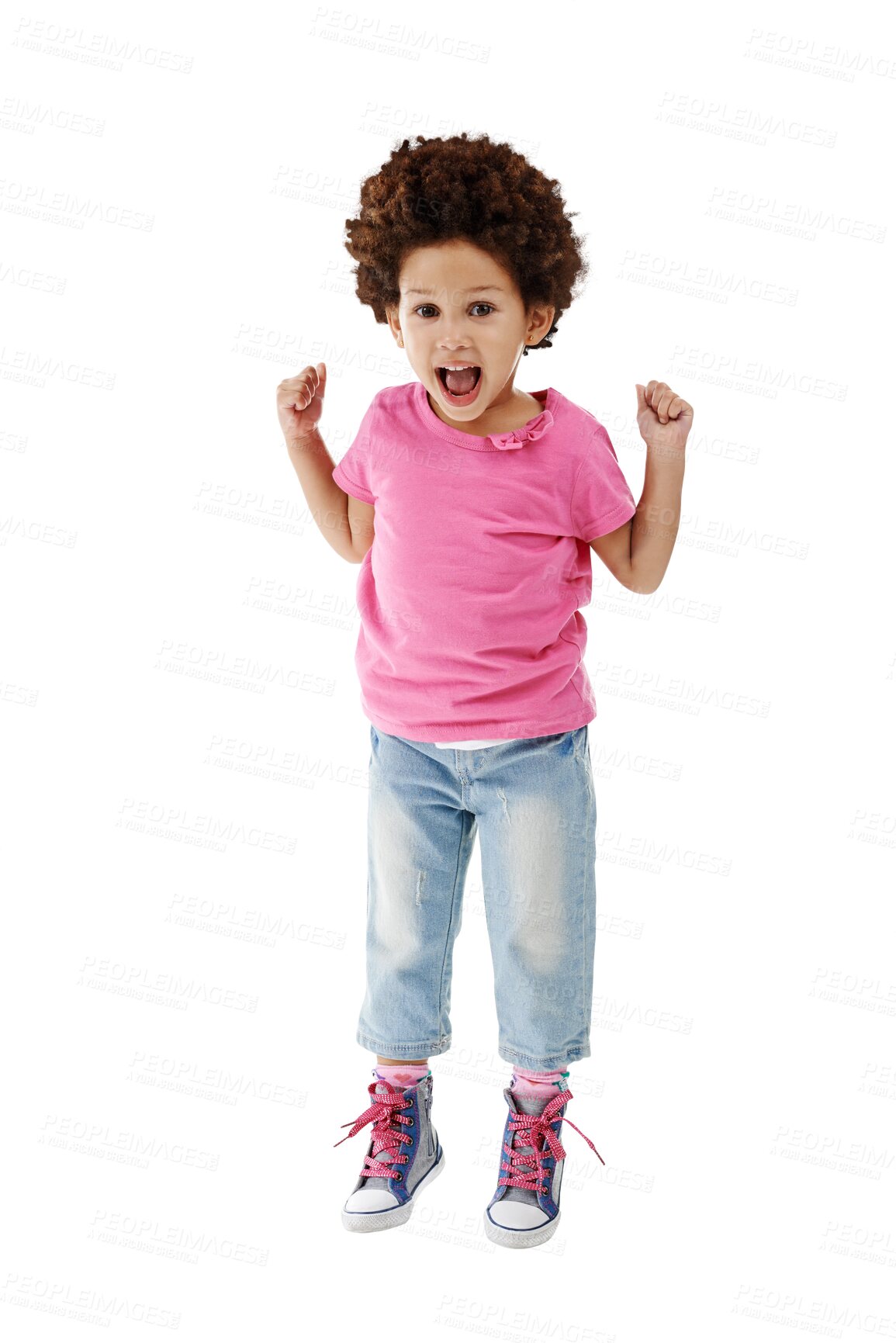 Buy stock photo Happy, jumping and portrait of young girl for crazy, goofy and playing for fun celebration. Smile, youth and cute child or kid with playful energy together isolated by transparent png background.