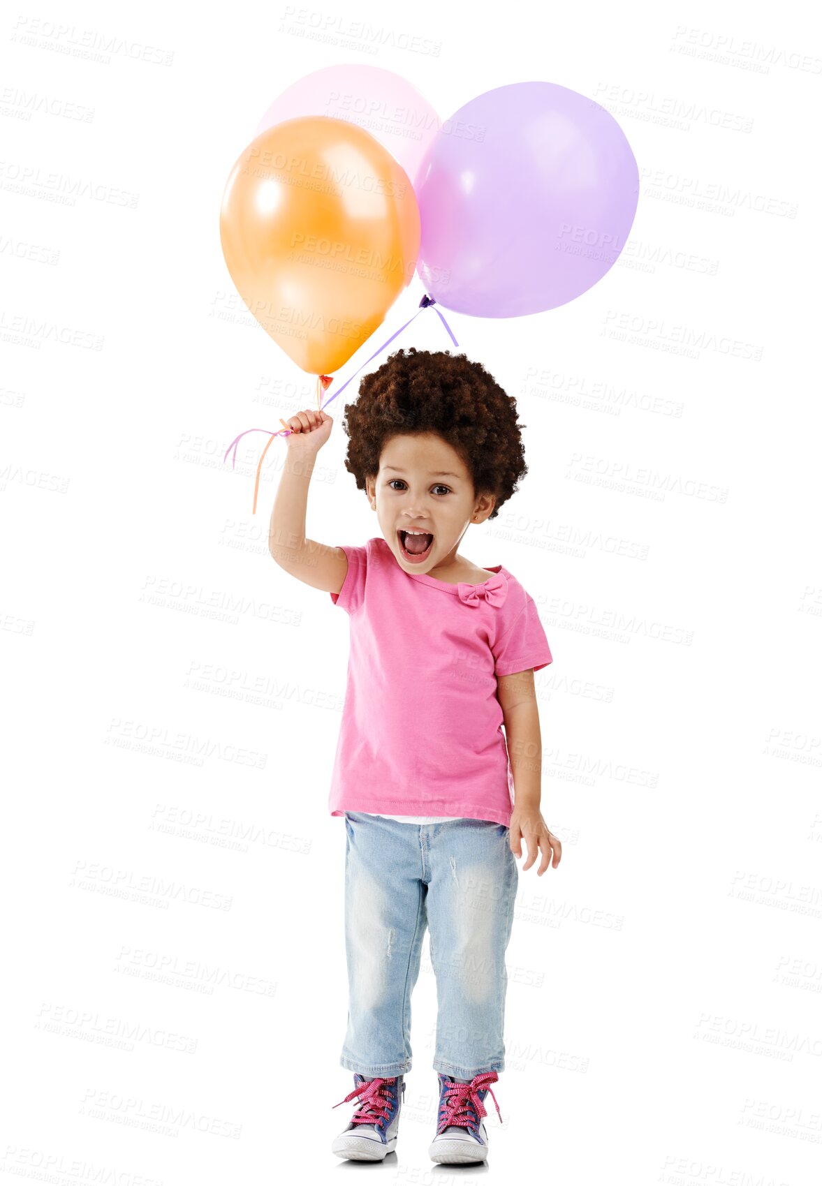 Buy stock photo Child, portrait or excited with balloons for birthday, happiness or event celebration for fun play in childhood. Girl, smile and face with party decoration and isolated on transparent png background