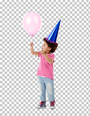 Buy stock photo Child, balloon and party hat with happiness for celebration, fun play and relax wellness in childhood. Girl, face or color cone cap with birthday decoration or isolated on transparent png background