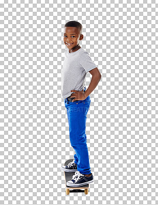 Buy stock photo Skateboard, happy and portrait of child on isolated, png and transparent background for fun. Youth, childhood and excited, young and African boy ready for skating, sports and skateboarding for hobby