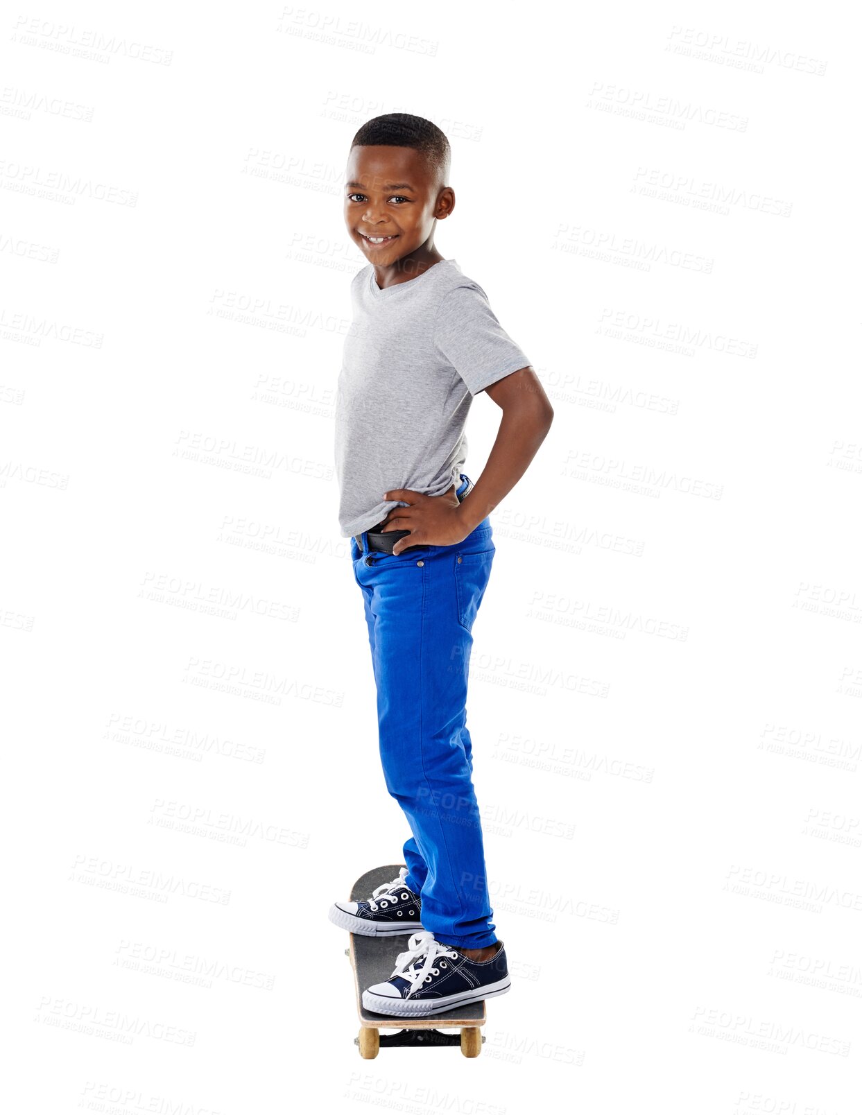 Buy stock photo Skateboard, happy and portrait of child on isolated, png and transparent background for fun. Youth, childhood and excited, young and African boy ready for skating, sports and skateboarding for hobby