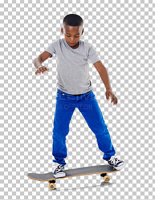 Buy stock photo Boy, skateboard and fitness with hobby, happy and fun activity isolated on transparent background. African person, kid and model with style, trendy and casual outfit with childhood, recreation or png