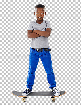 Buy stock photo Boy, child or skateboard with arms crossed or happy with fashion isolated on png transparent background. Black kid, portrait or smile and balance, recreation and casual outfit or style and confidence