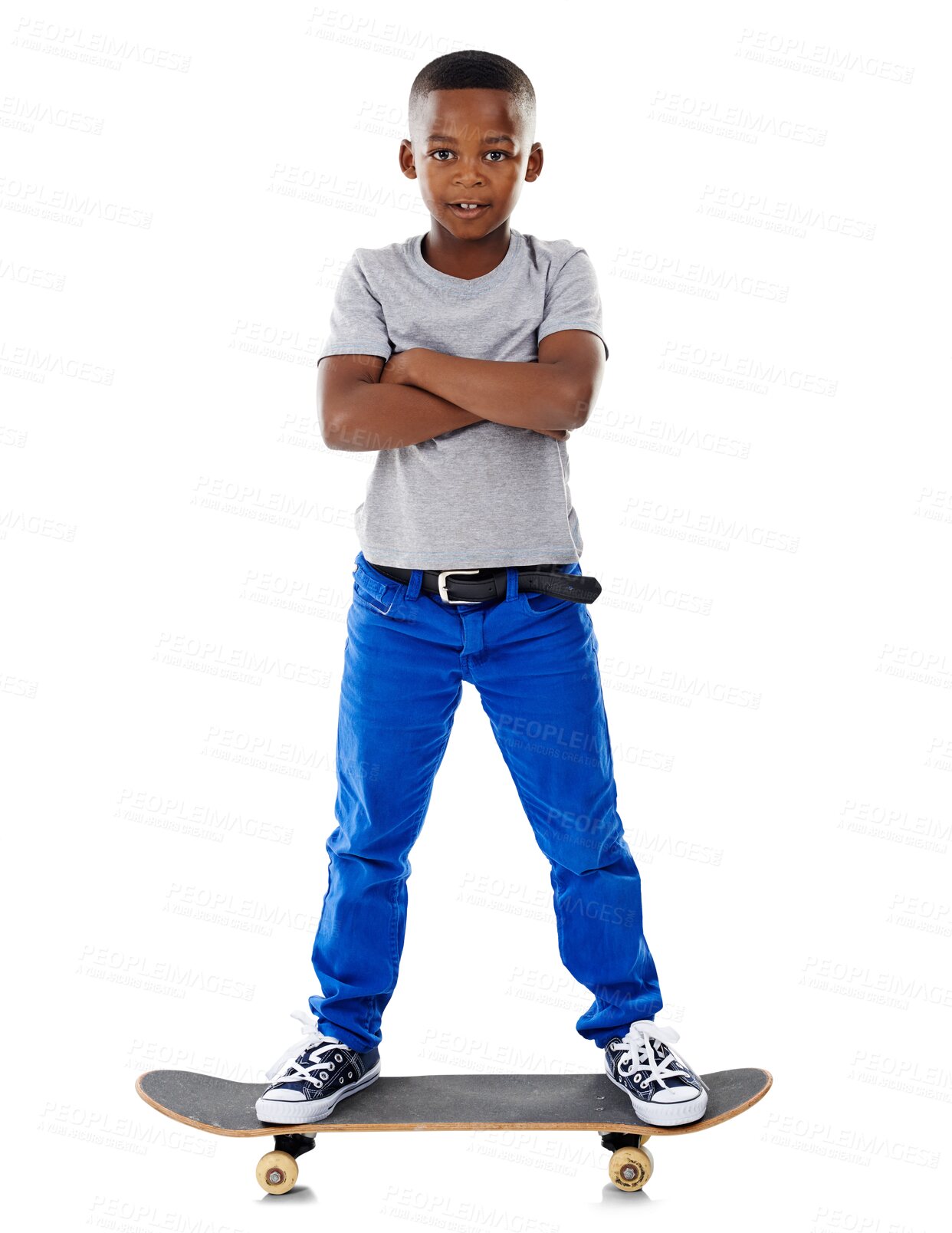 Buy stock photo Boy, child or skateboard with arms crossed or happy with fashion isolated on png transparent background. Black kid, portrait or smile and balance, recreation and casual outfit or style and confidence